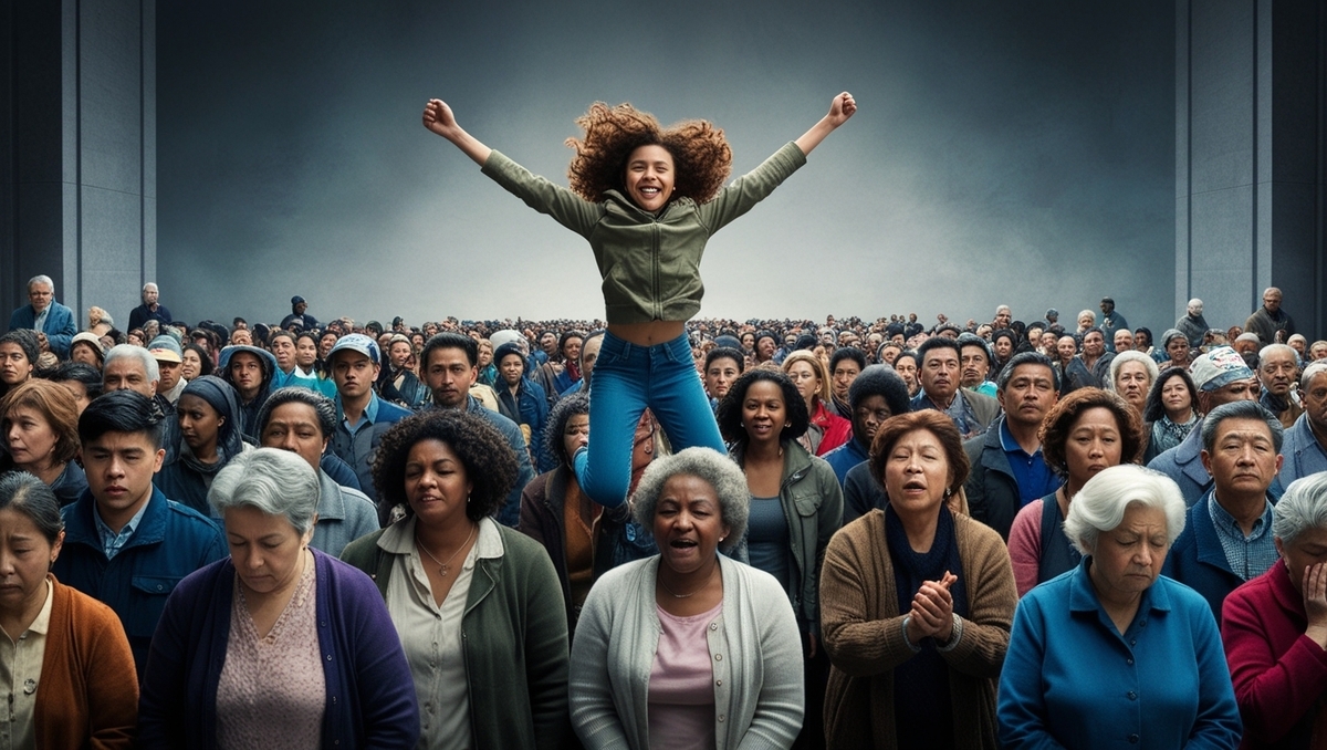 One joyful woman jumping high above a serious crowd, celebrating her rare win while everyone else stands still in disappointment