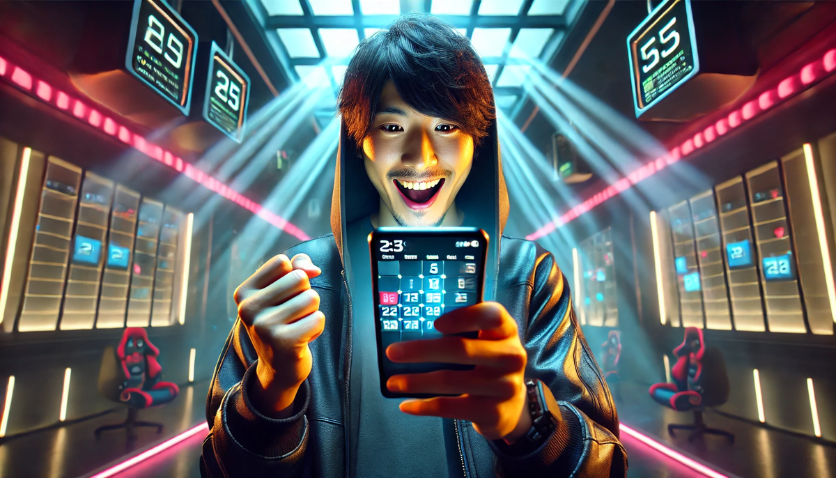 Ecstatic young man in a futuristic gaming room, celebrating while checking a highlighted calendar on his smartphone. A perfect moment of lottery anticipation and joy.
