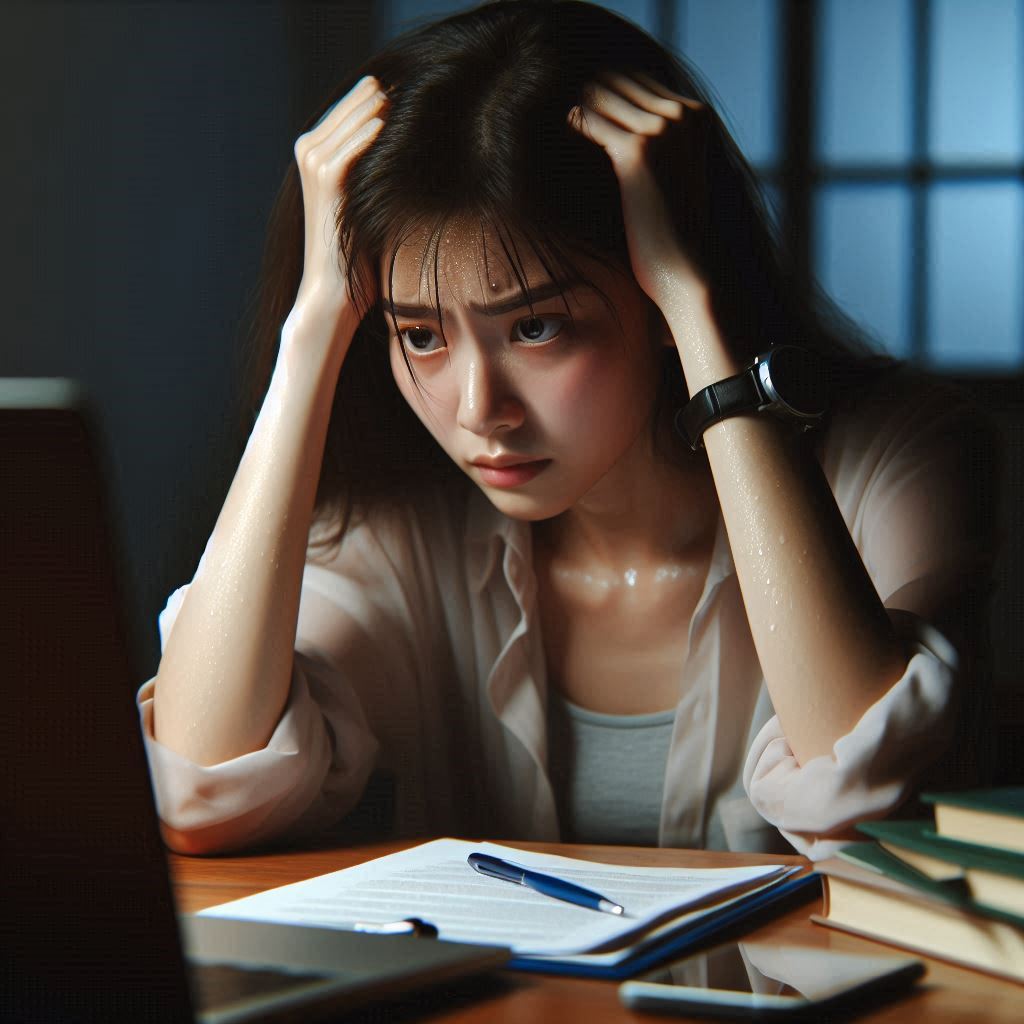 An anxious young woman staring at her laptop in distress, sweating and holding her head in frustration, overwhelmed by the stress of checking results online.
