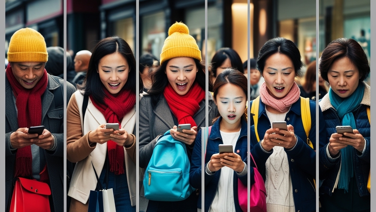 A group of people standing in a crowded shopping street, each checking their smartphones with different emotional reactions — from excitement to surprise to worry
