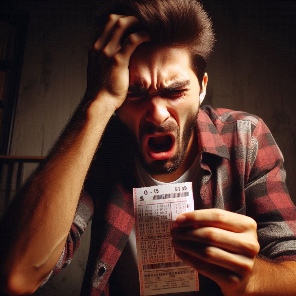 Man screaming in frustration after losing the lottery, holding the ticket in disbelief