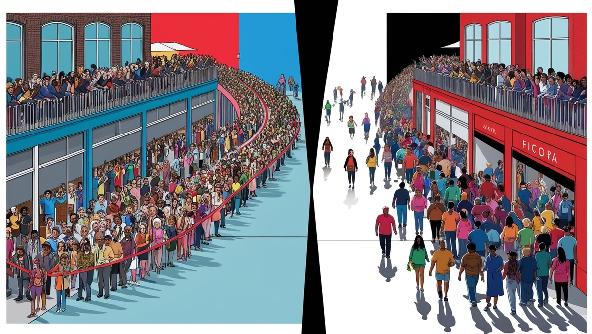 Two drastically different crowds lining up outside stores, creating a striking contrast between scarcity and availability