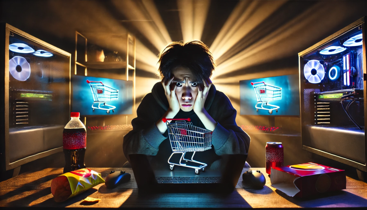 A desperate young man staring anxiously at a glowing shopping cart on multiple screens, surrounded by junk food—intense anticipation and fear of missing the next Nintendo Switch 2 restock.