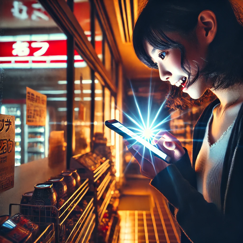 Shocked and thrilled Japanese woman staring at her glowing smartphone screen inside a convenience store, discovering she won the lottery draw.