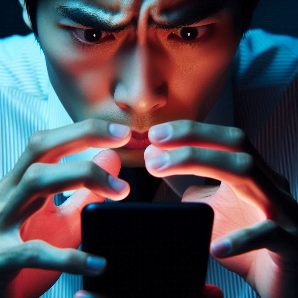 A surprised Japanese person in a convenience store at night, eyes wide open, holding a glowing smartphone, showing extreme excitement and disbelief.