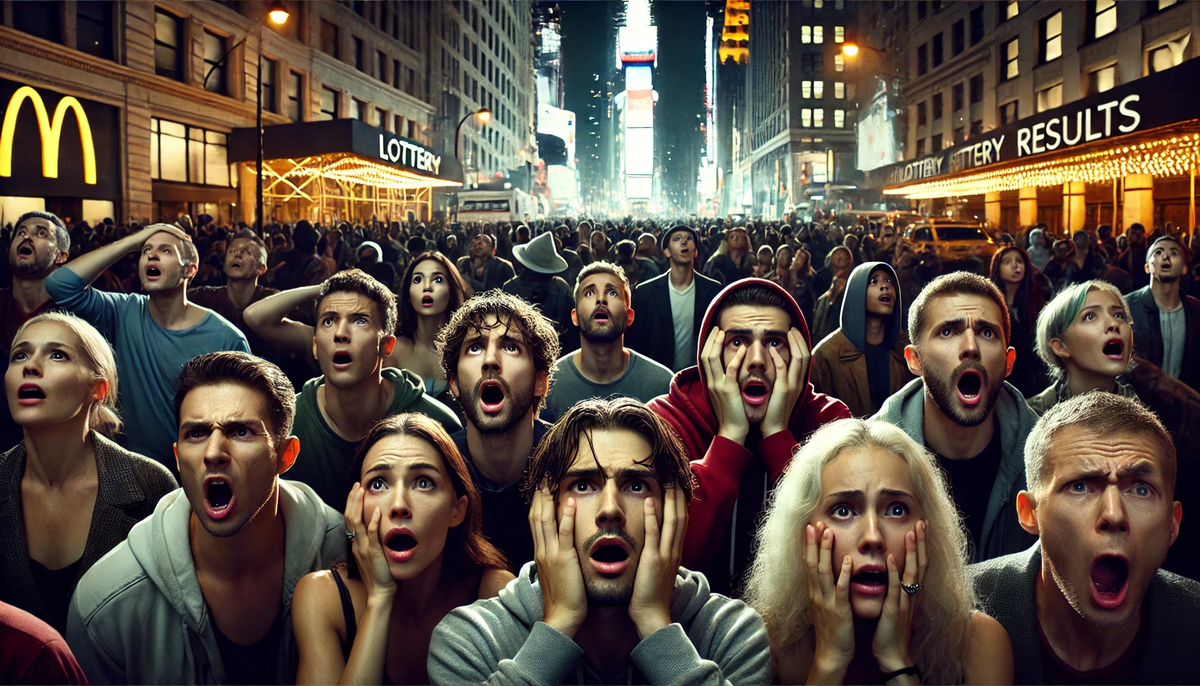 A massive crowd in a city street reacts with shock and awe to unexpected news on a big screen — faces filled with disbelief, tension, and hope.