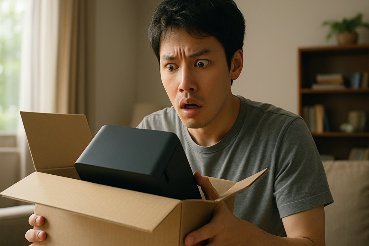 A shocked man opening a game console box, realizing something is missing — pure disbelief on his face