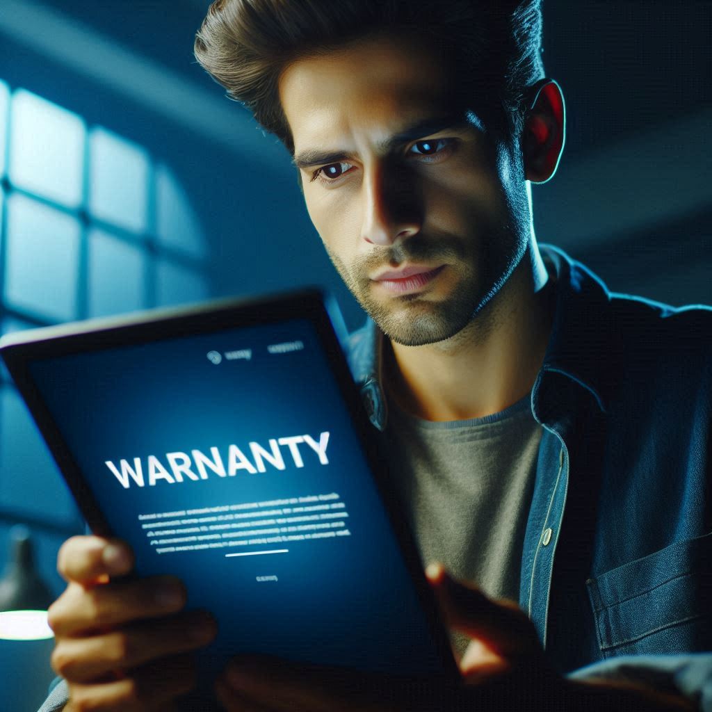 A concerned man reading digital warranty details on a tablet, looking tense and uncertain in dim lighting
