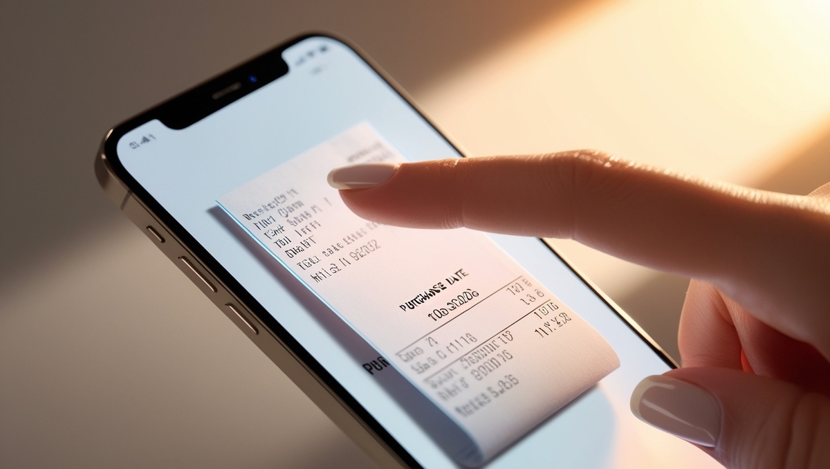 A close-up of a woman's finger pointing at a digital receipt on a smartphone, highlighting a purchase date with urgency