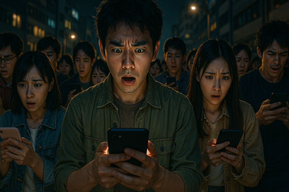 A shocked man checking a lottery result on his phone, surrounded by others in suspense