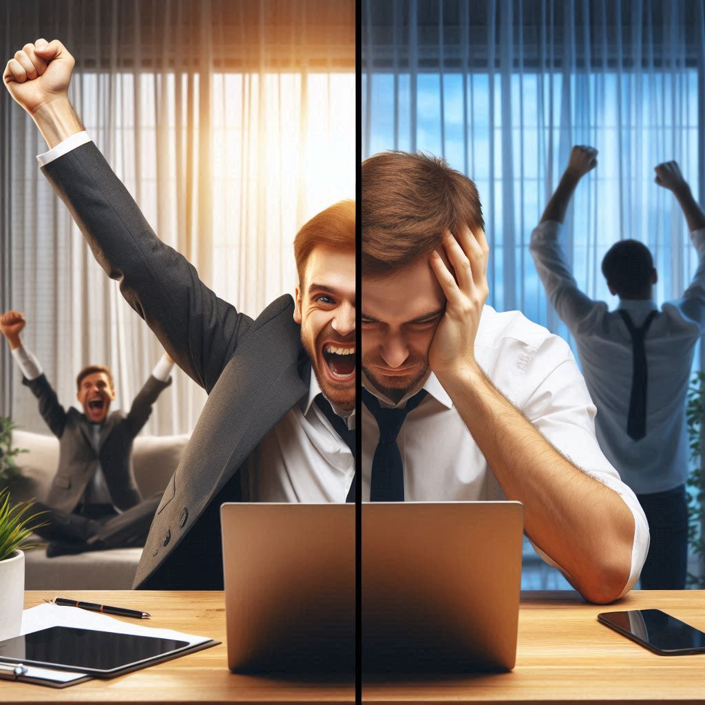 Split-screen image showing a man ecstatically celebrating on one side and despairing on the other, reflecting the emotional highs and lows of a lottery result.