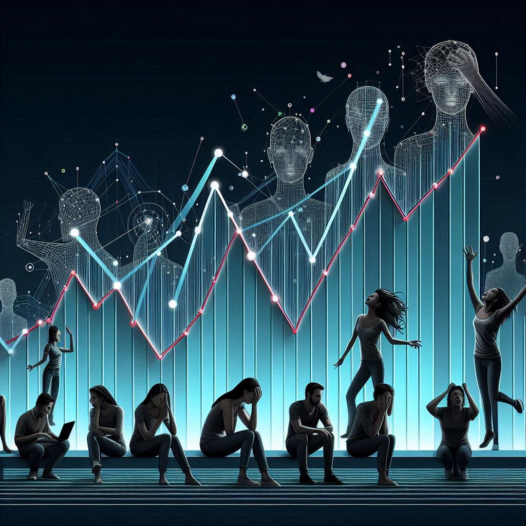 A dramatic graph cutting through darkness, surrounded by people expressing deep frustration and joy, symbolizing the emotional highs and lows of a digital lottery draw.