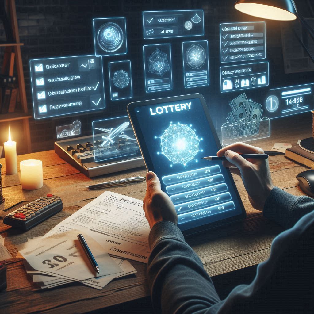 Man analyzing futuristic lottery statistics on a digital tablet, surrounded by data and glowing holograms in a dark tech-style room — a moment of hopeful prediction and strategy.