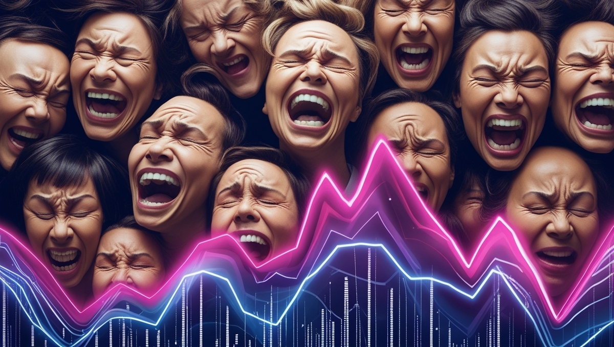 A chaotic collage of emotional faces screaming in unison, overlaid with sharp, fluctuating neon graph lines — capturing the overwhelming stress and excitement of unpredictable lottery odds.