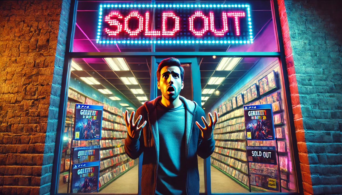 Shocked gamer standing in front of a game store under a glowing 'SOLD OUT' sign, hands raised in disbelief and frustration