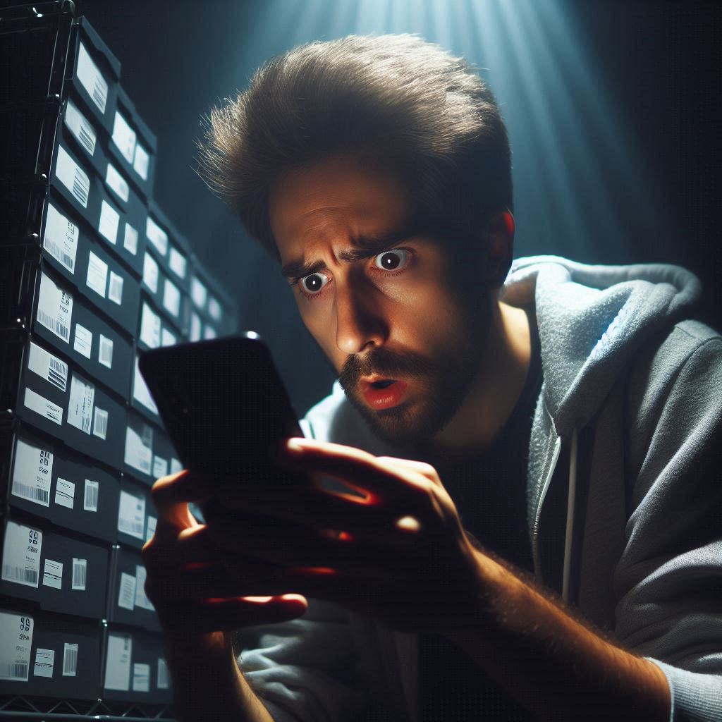 Shocked man staring intensely at his smartphone in a dark room, surrounded by game boxes, reacting to unexpected stock or price update"