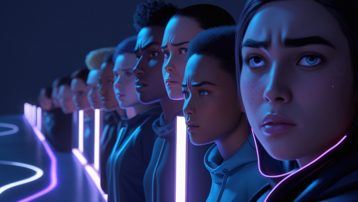 Close-up of anxious and tense people in a futuristic line, showing concern and frustration while waiting for a product release