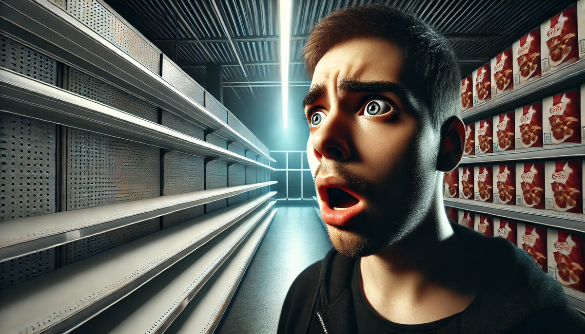 Shocked gamer staring at completely empty store shelves, realizing there's no Switch2 lottery at the store – disbelief and disappointment on his face