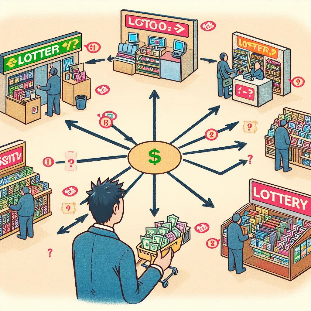 Confused shopper with a cart full of cash, overwhelmed by multiple lottery booths and unsure where to go — symbolizing decision paralysis and frustration
