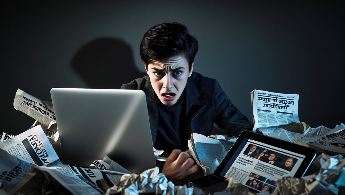 Frustrated man surrounded by a flood of newspapers and screens, angrily overwhelmed by conflicting online information — symbolizing digital chaos and helplessness