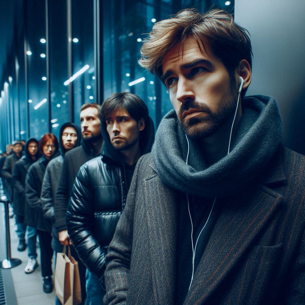 A frustrated man waiting in a long line at night, wearing a scarf and earphones, showing visible fatigue and silent impatience