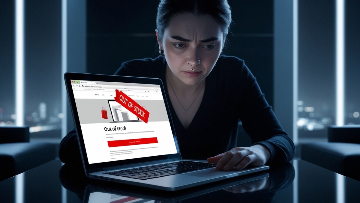 Worried woman staring at an “Out of Stock” page on her laptop late at night, showing visible frustration and panic over a missed purchase opportunity