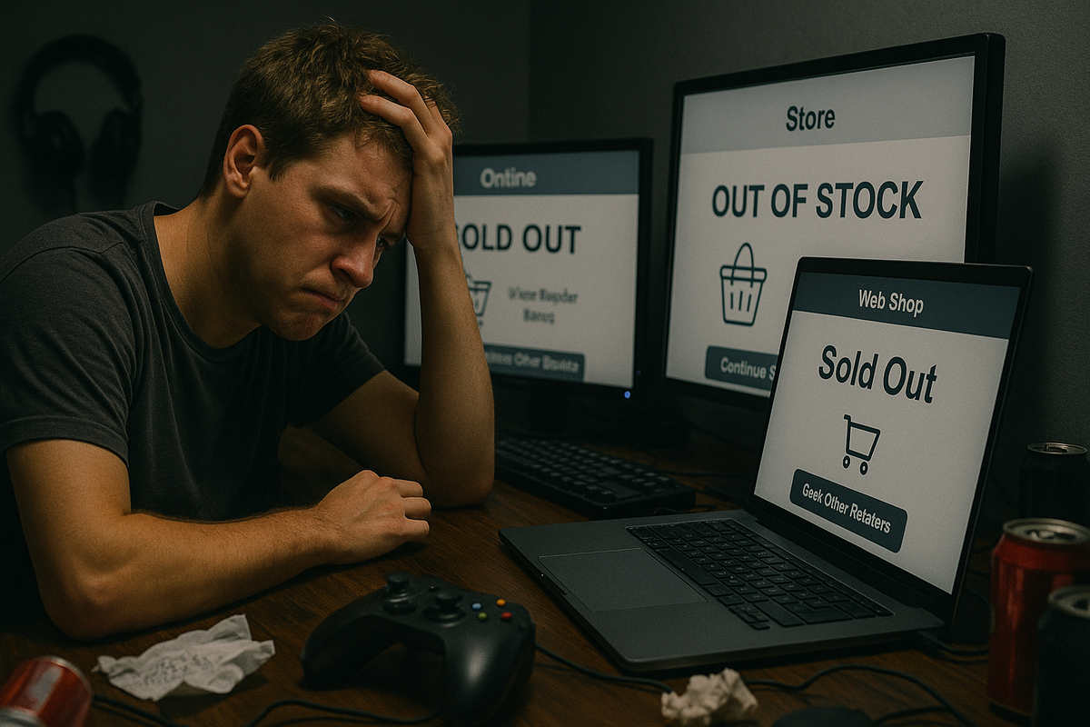 A disappointed gamer in a dark room, frustrated by repeated "Sold Out" messages on multiple screens, showing intense emotion and despair, cluttered desk with game controller and energy drinks, 16:9