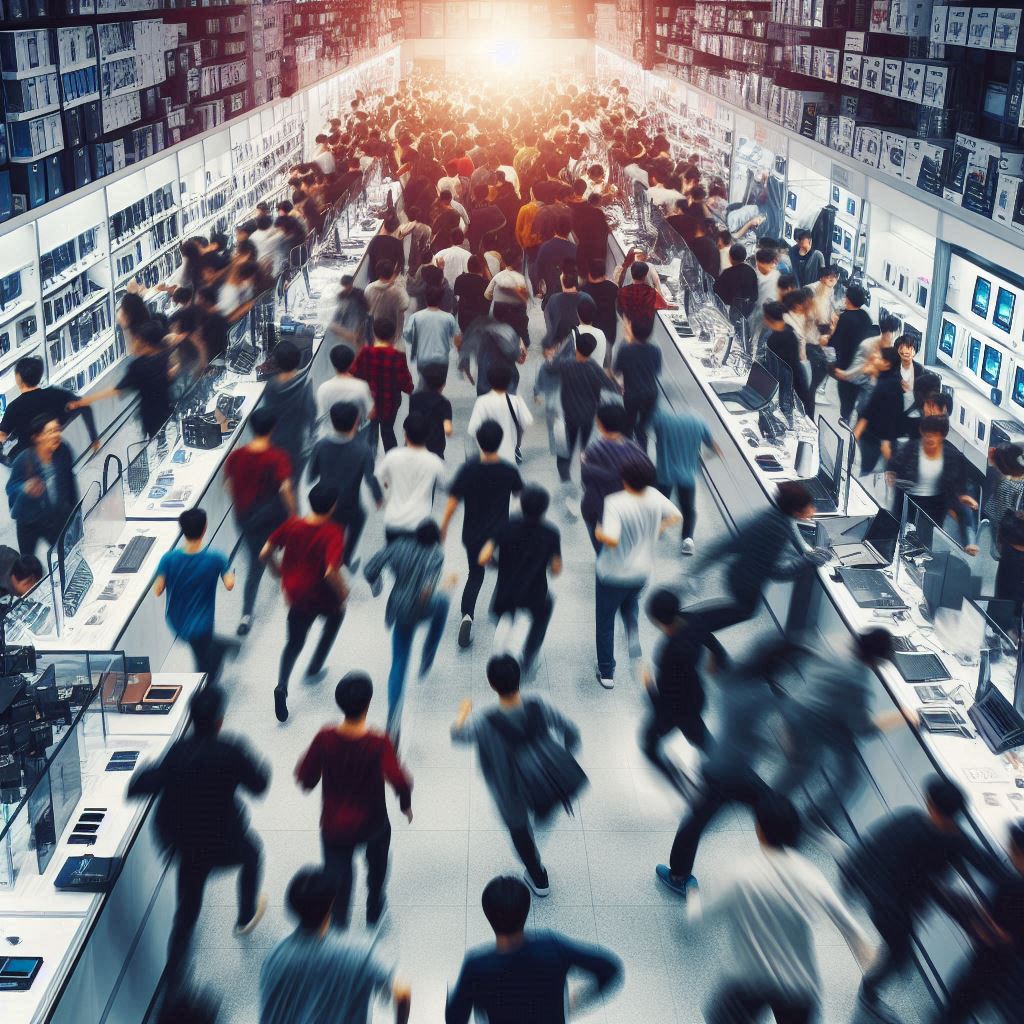 Massive crowd of anxious customers rushing into an electronics store, desperate to secure the latest gaming console before it sells out again.