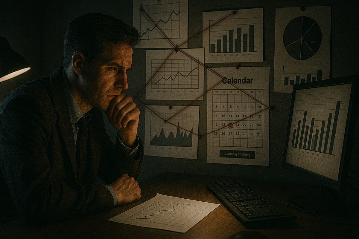 A man deeply focused in a dimly lit room, analyzing complex charts and timelines—his intense gaze reflecting the urgency of cracking the code.