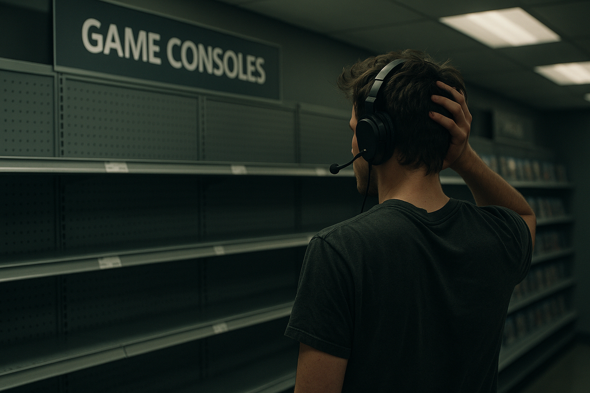A frustrated gamer wearing a headset stands helplessly in front of completely empty store shelves labeled 'Game Consoles'. The reality of Switch2 shortage hits hard.