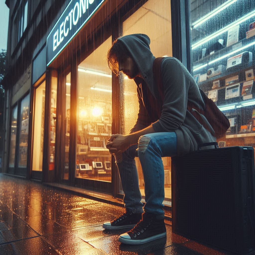 A frustrated gamer sitting outside an electronics store in the rain, reflecting disappointment and helplessness.