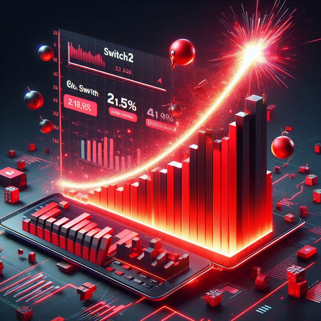 A dramatic data visualization showing explosive sales growth with Switch2 chart rising from a smartphone, highlighted by a fiery spark at the top.