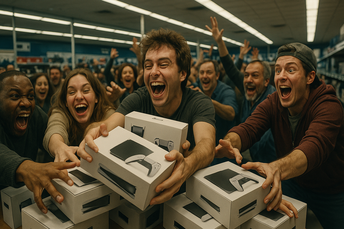 Gamers go wild in a frenzy to grab new consoles—pure chaos, joy, and desperation all at once