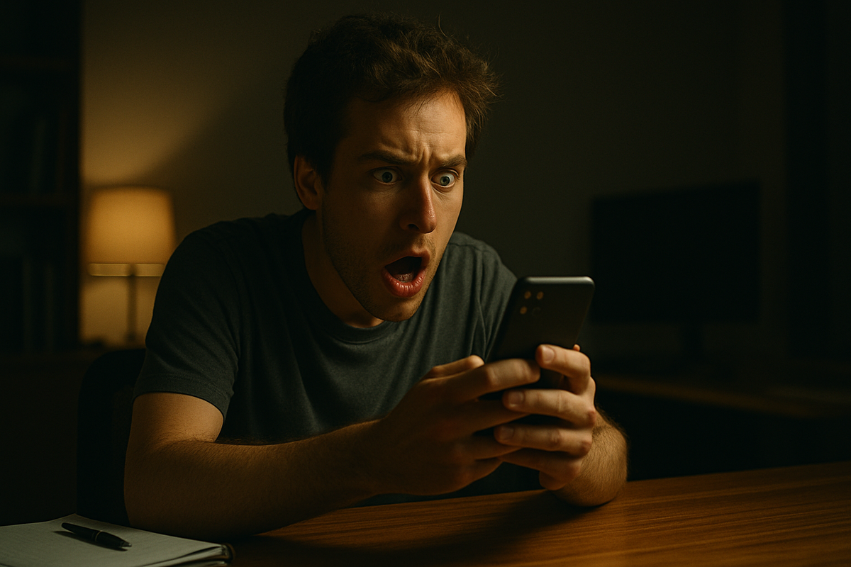 Shocked man staring at his smartphone in disbelief after receiving unexpected news via email, sitting in a dimly lit room at night