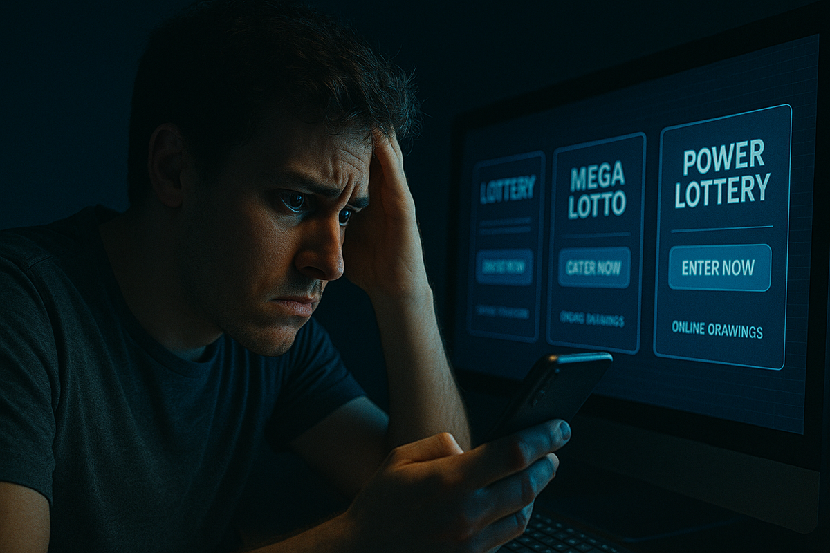 A young person gripping their smartphone in front of multiple online lottery screens, holding their head in frustration. The anxiety of indecision surfaces in the blue light of the screen, capturing the moment of a late-night decision.