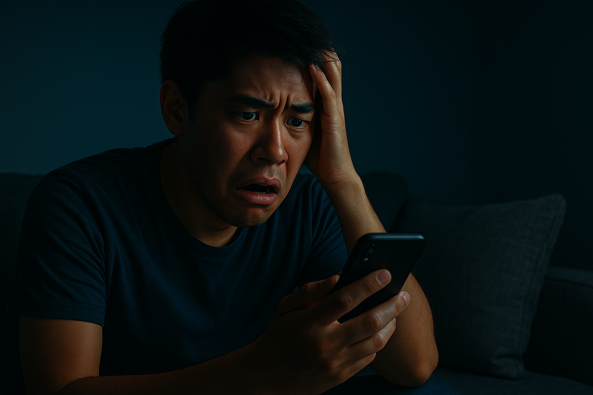 A shocked and frustrated man staring at his smartphone in disbelief, worried he missed an important notification