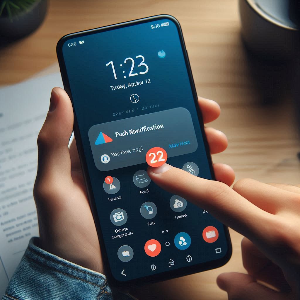 A person urgently tapping a red push notification badge with 22 alerts, anxious not to miss an important message