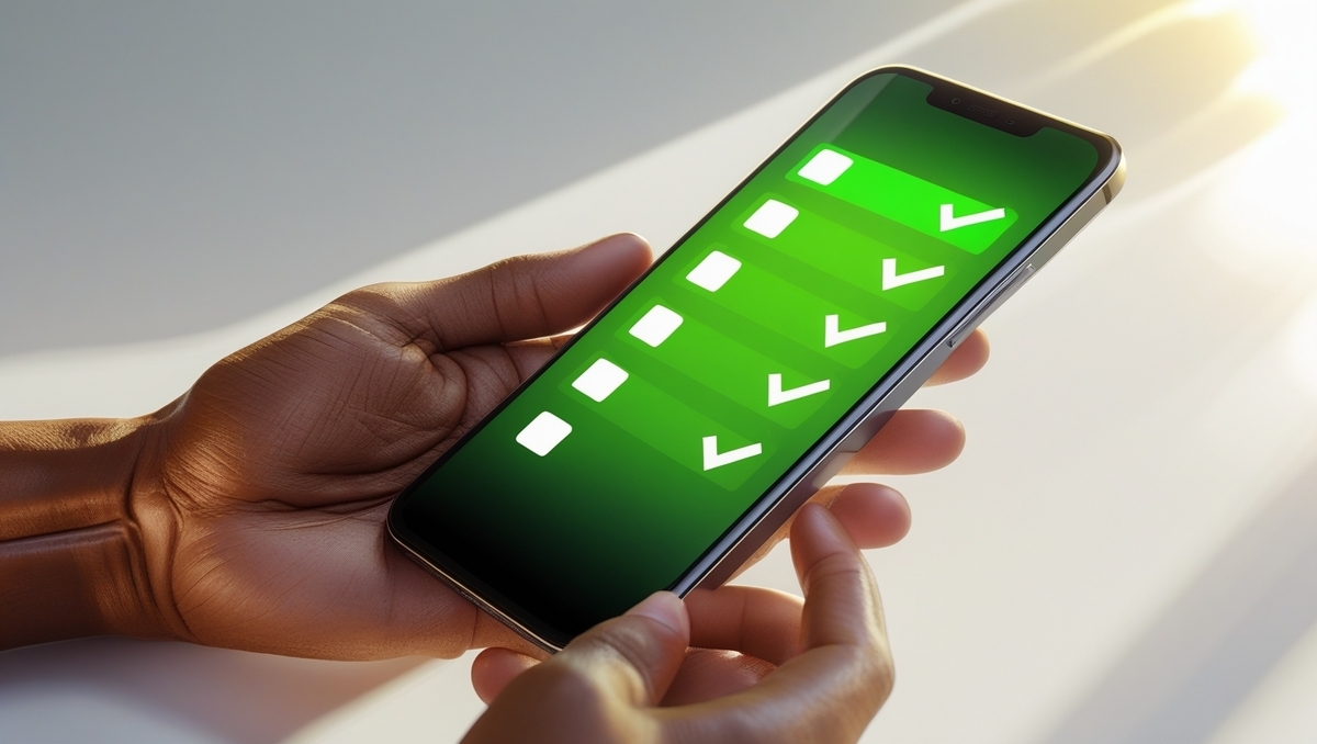 A person confidently holding a smartphone displaying a fully completed checklist with green checkmarks, feeling reassured and in control