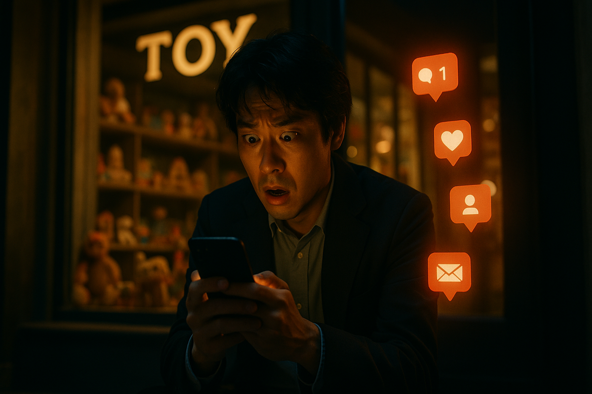 Shocked man staring at his smartphone in front of a toy store, eyes wide open with intense emotion, surrounded by glowing social notification icons