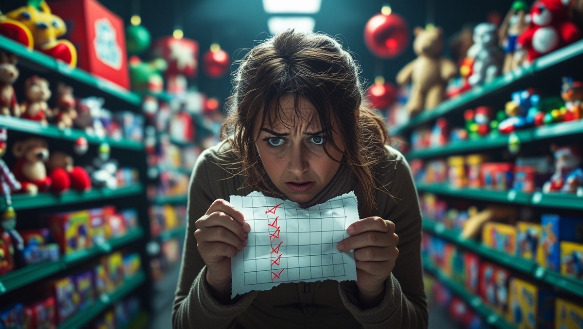 A worried woman holding a lottery result sheet filled with red X marks, standing in a colorful toy store aisle, looking devastated