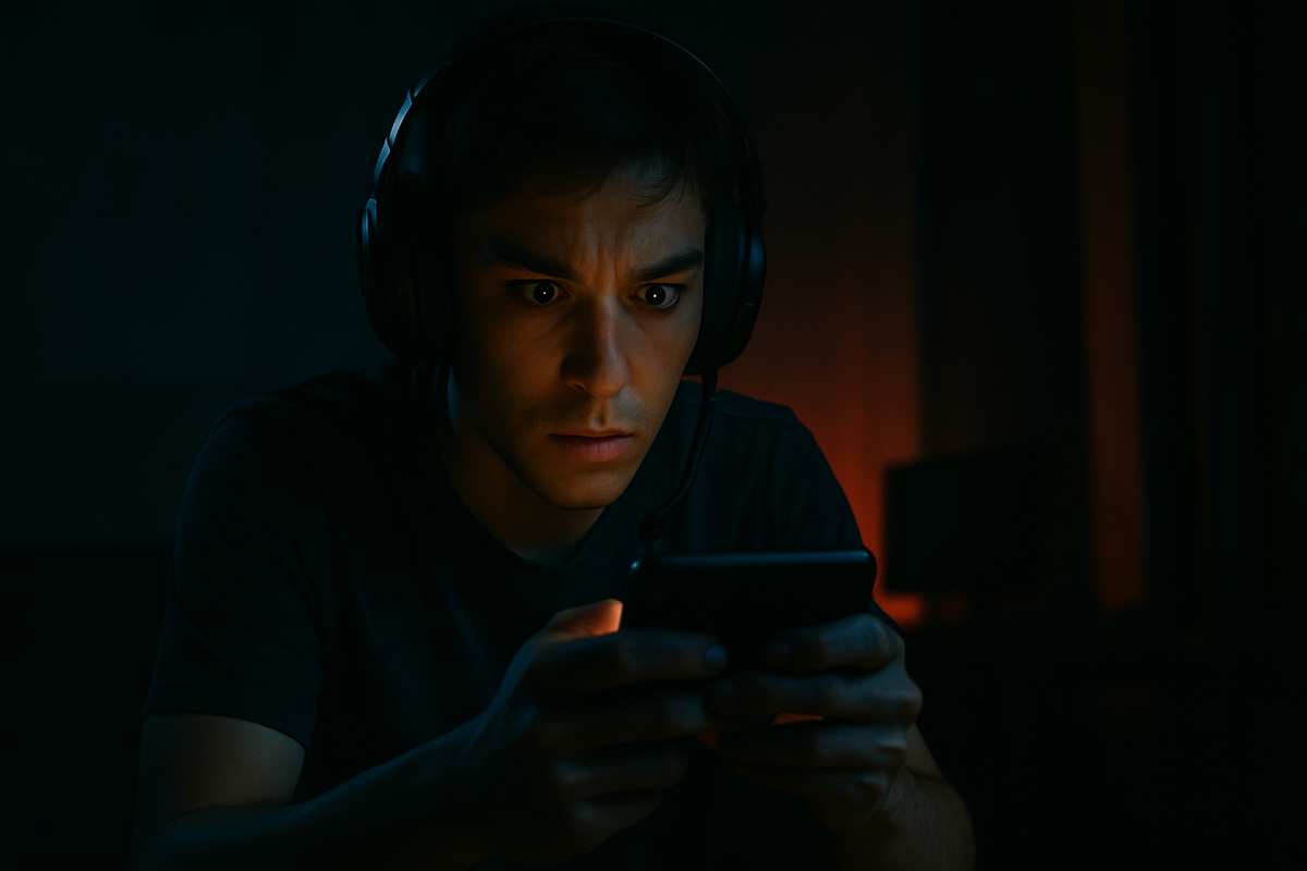A young man with wide eyes stares intensely at his phone, overwhelmed by suspense while checking lottery results in a dark room.