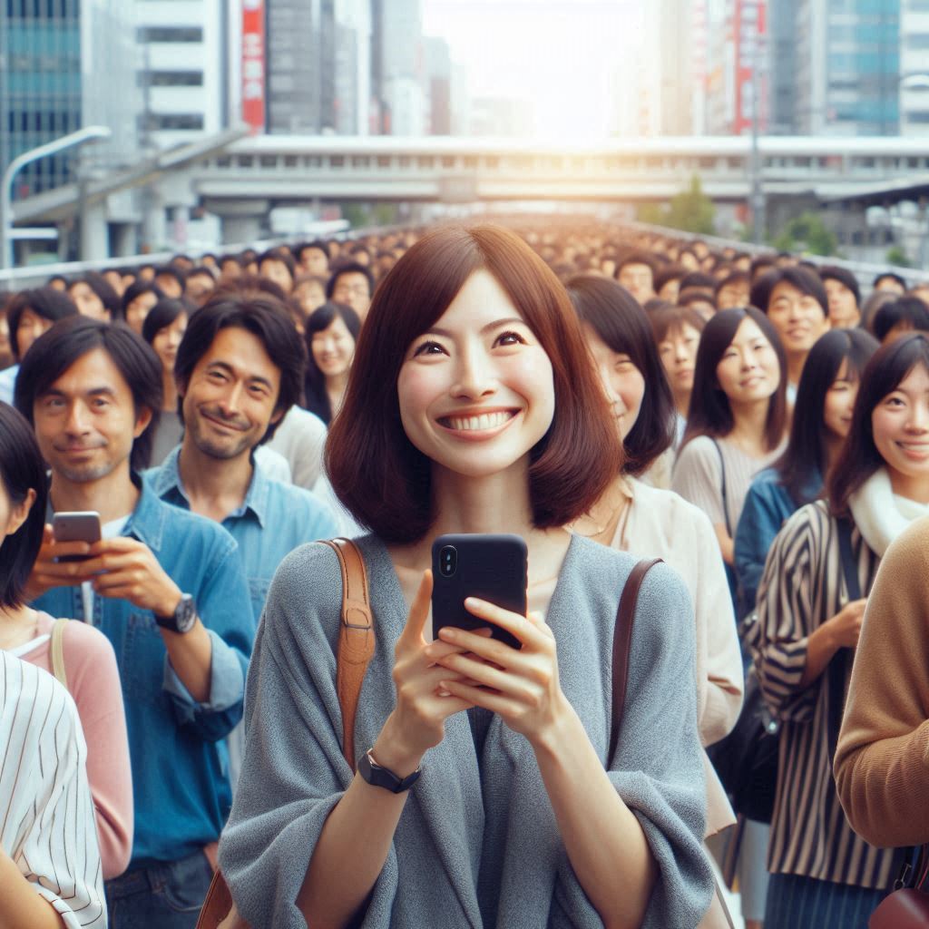 A smiling woman holding her phone in a crowd, full of anticipation and joy as she waits for a lottery result.