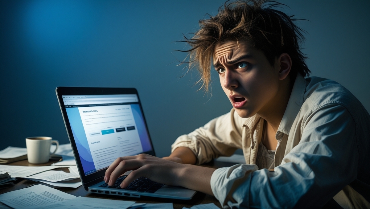 Shocked young man staring at a laptop screen in disbelief after checking lottery results, surrounded by paperwork and coffee — intense emotional reaction.