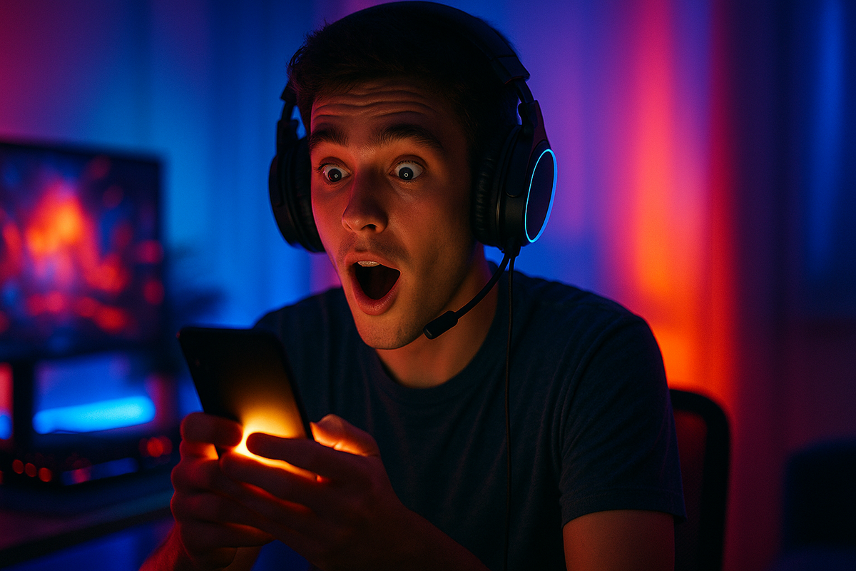 Shocked gamer discovering exciting console news, eyes wide with joyful disbelief, captured in a moment of high energy and anticipation