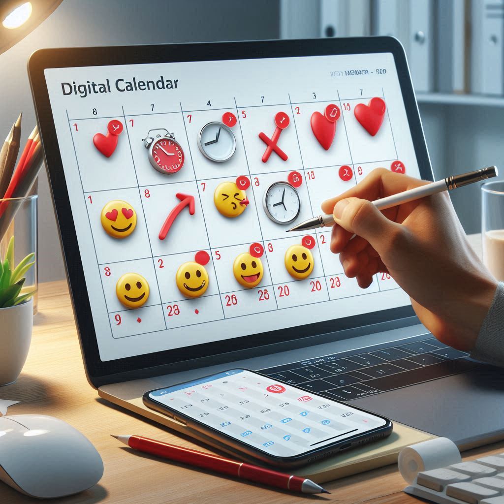 A hand anxiously marks a digital calendar filled with emojis and clocks — anticipation and hope captured in a single moment.