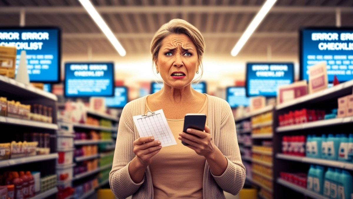 A confused and anxious middle-aged woman standing in a store aisle, gripping her smartphone and a checklist, surrounded by error messages. Emotional tension, urgency, and panic in her expression.