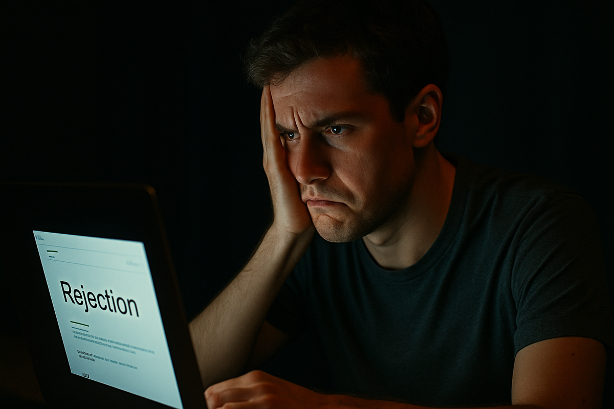  frustrated man staring at a rejection message on his laptop screen, drowning in quiet disappointment and silent heartbreak under a dim light.