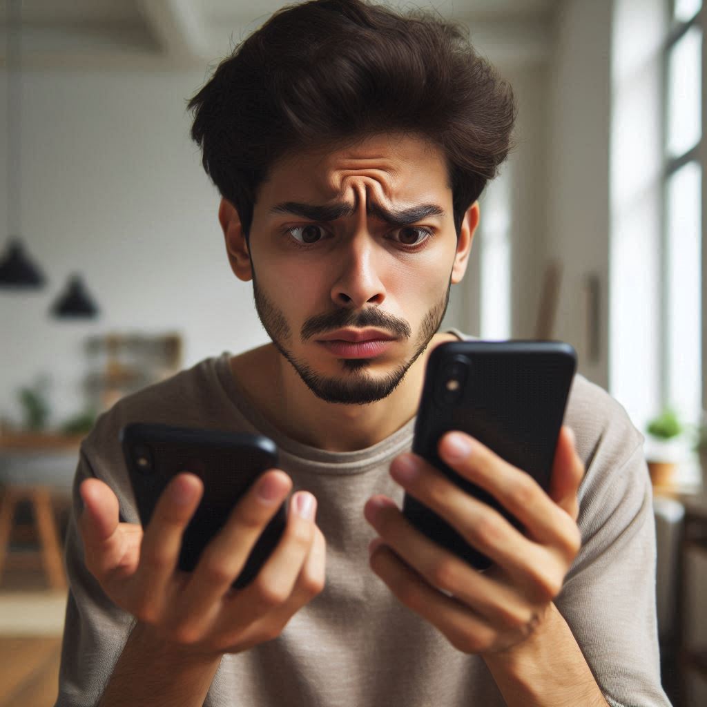 Frustrated man checking two phones at once, overwhelmed by digital notifications. Emotional expression of urgency and confusion.