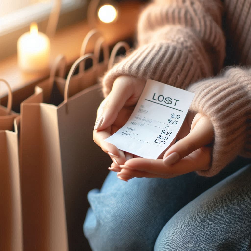 Hands holding a receipt with the word "LOST" printed, surrounded by warm shopping bags and candlelight — evoking bittersweet disappointment and quiet hope.