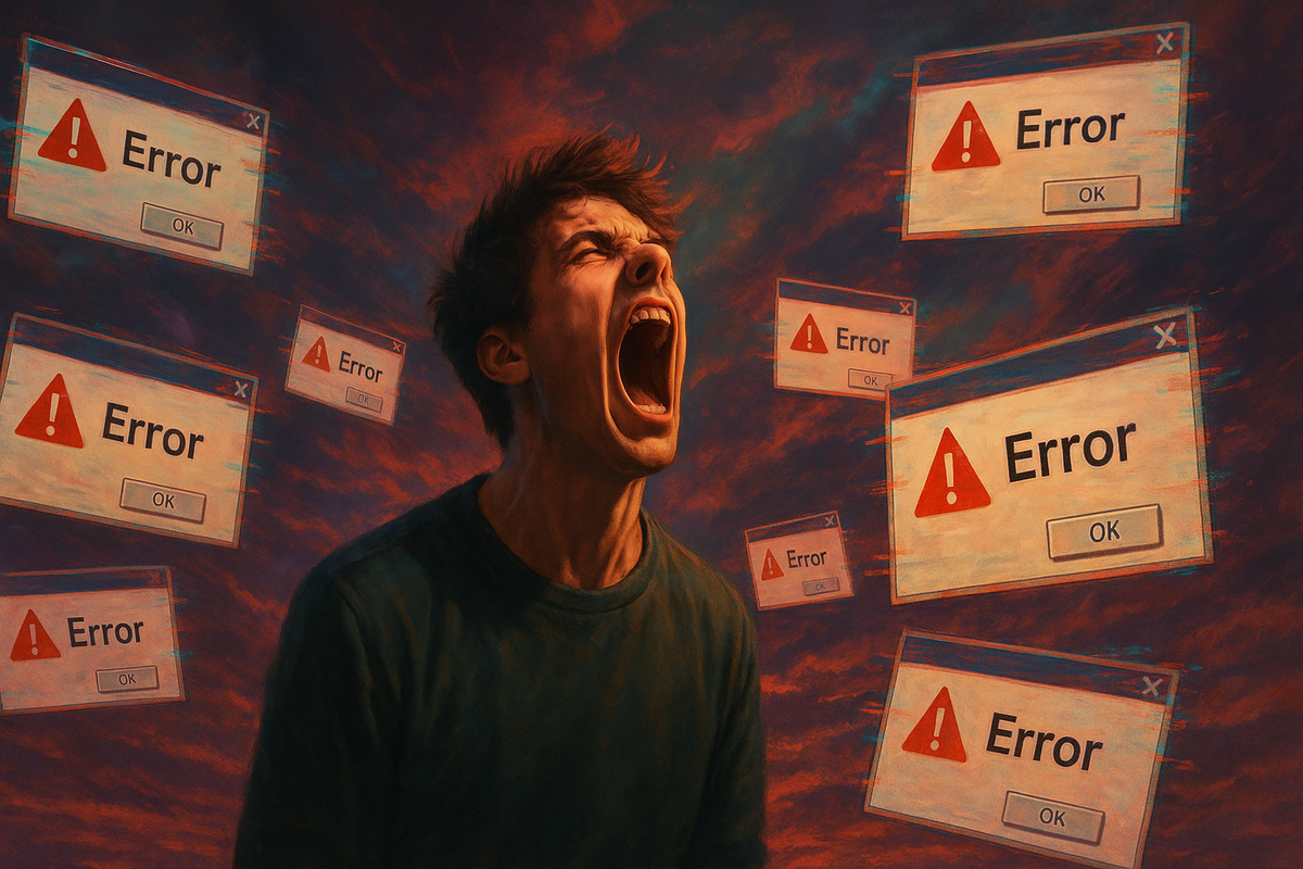 A desperate young man screaming in frustration, surrounded by floating system error windows, symbolizing the overwhelming chaos and despair of failing to pre-order a new game console.